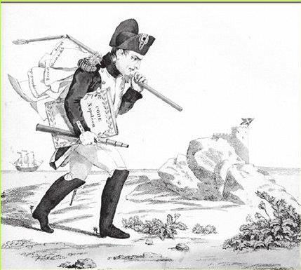 (בספר תמונה) נפוליאון מגיע לאי אלבה, 1814, קריקטורה, איטליה